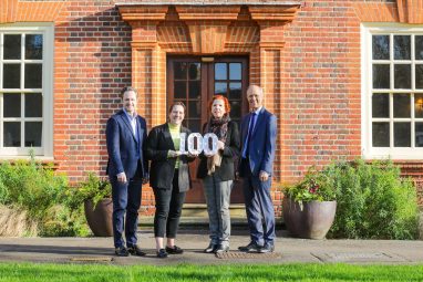 Celebrating 100th Charter member joining Oxfordshire Inclusive Economy Partnership photographed at Somerville College, Oxford. L-R – Aaron Crawford and Anna Strongman (OUD), Baroness Jan Royall and Jeremy Long (OIEP)